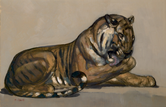 Paul JOUVE (1878-1973) - Tigre couché se léchant la patte, vers 1924
